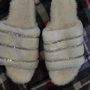 Fuzzy Embellished Platform Slippers